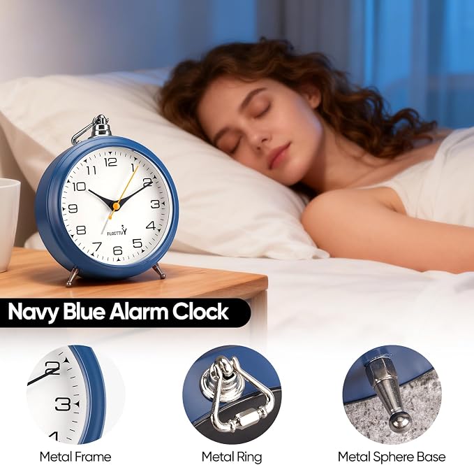 FLOITTUY 4.5" Battery Operated Antique Retro Analog Metal Alarm Clock, Silent Bedside Desk Clock, Wall-Hanging Vintage Clock(Navy Blue)