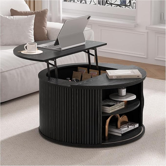 31.5" Black Round Lift Top Coffee Table, Modern Fluted Drum Center Table with Hidden Storage, Minimalist Circle Wood Desk for Living Room & Small Apartment