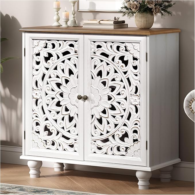 JOINICE White Accent Cabinet with Walnut Finish Top, 31" Farmhouse Storage Cabinet with Carved Doors for Living Room, Sideboard Buffet for Dining Room, Solid Wood Legs