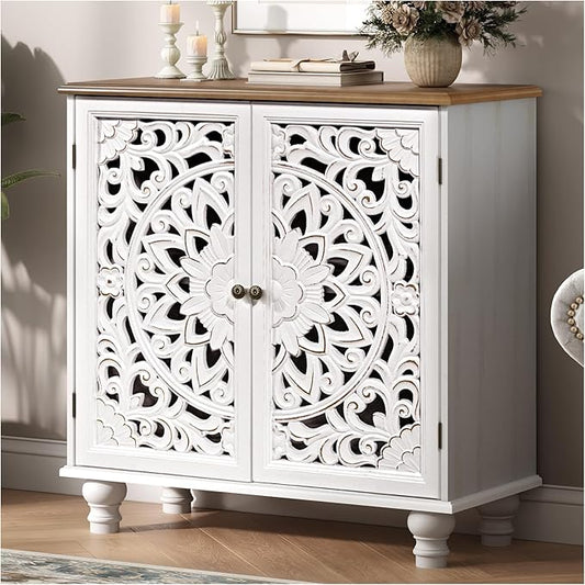 JOINICE White Accent Cabinet with Walnut Finish Top, 31" Farmhouse Storage Cabinet with Carved Doors for Living Room, Sideboard Buffet for Dining Room, Solid Wood Legs