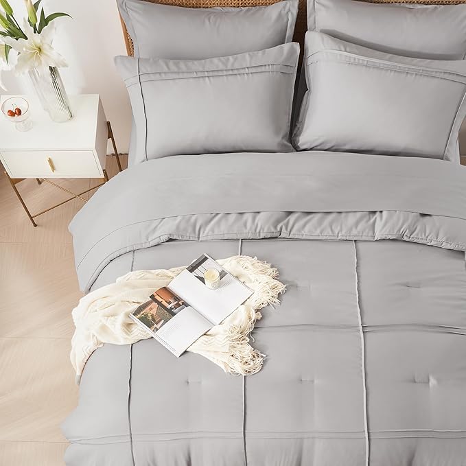 Yogeneg King Size Comforter Set 7 Piece Bed in a Bag,Grid Pinch Pleat Grey Bedding Set,Striped Textured Soft Microfiber Comforter with Sheet Set,All Season Complete Bed Set(Grey,King)