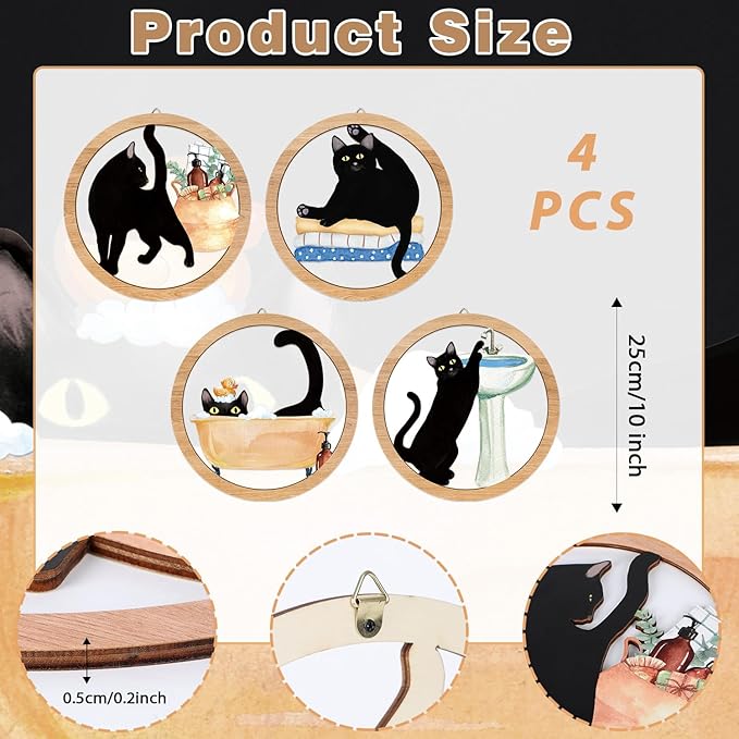 HPNIUB Funny Bathrooms Wall Decor, Black Cats In the Bath Wood Sign, 4 Pieces 10''x10'' Farmhouse Wooden Hanging Sign for Toilet Powder Room Restroom Wall Decoration, Lovely Cat Gifts