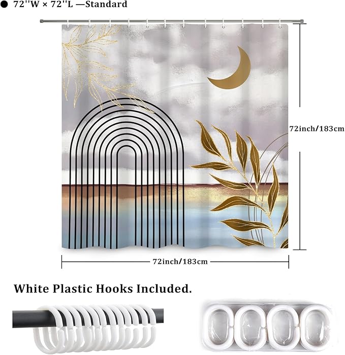 Boho Shower Curtain Abstract Modern Geometric Leaves Shower Curtain Mid Century Minimalist Moon Pattern Decor Bath Curtain Waterproof Fabric with Hooks 72x72