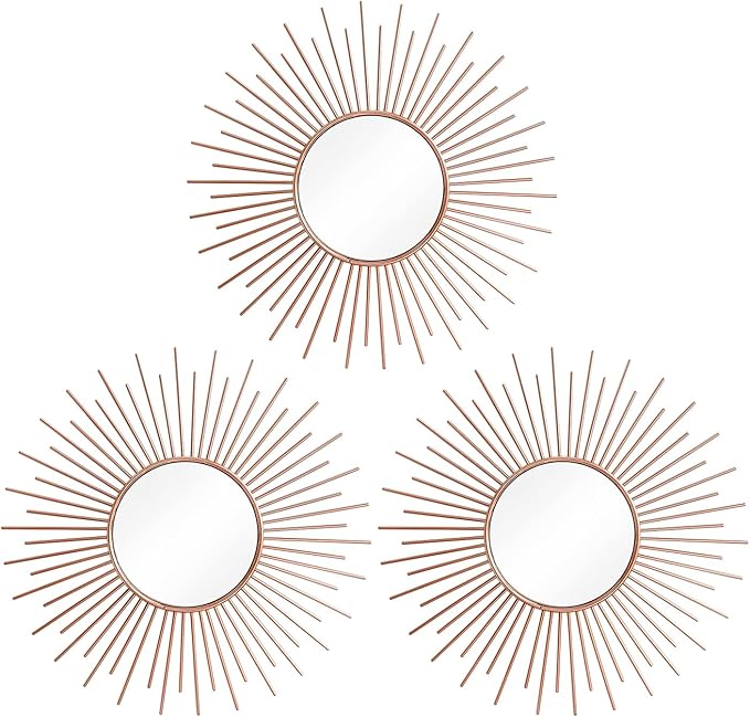 3 Pack Metal Mirrors for Wall Sunburst Wall Mirrors Home Décor Decorative Hanging Wall Art for Living Room Bedroom Entryway (Rose Gold2, Sunburst)