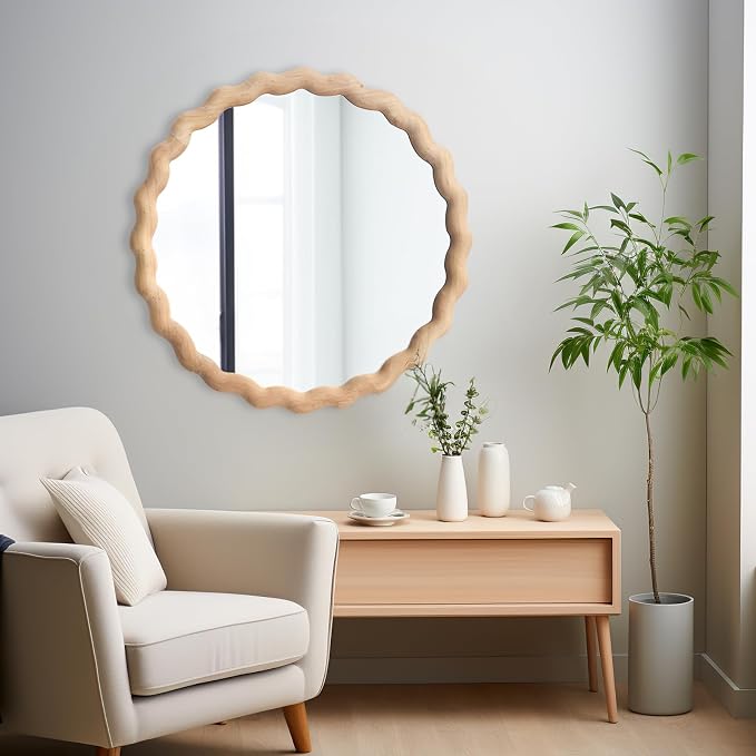 Irregular Wall Mirror,Wood Round Farmhouse Mirror Unique Vanity Mirror,30" Nature Wooden Modern Bathroom Mirror for Washroom Living Room Bedroom