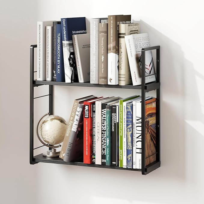 Floating Book Shelves for Wall, 2-Layer Wall Bookshelf for Book Storage, Space Saver, 16in Stud Hanging Shelf, Bedside Shelf for Living Room Bedroom Office, Black