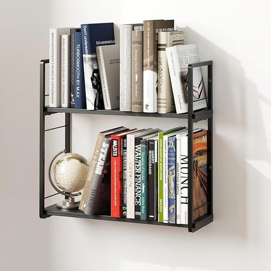 Floating Book Shelves for Wall, 2-Layer Wall Bookshelf for Book Storage, Space Saver, 16in Stud Hanging Shelf, Bedside Shelf for Living Room Bedroom Office, Black