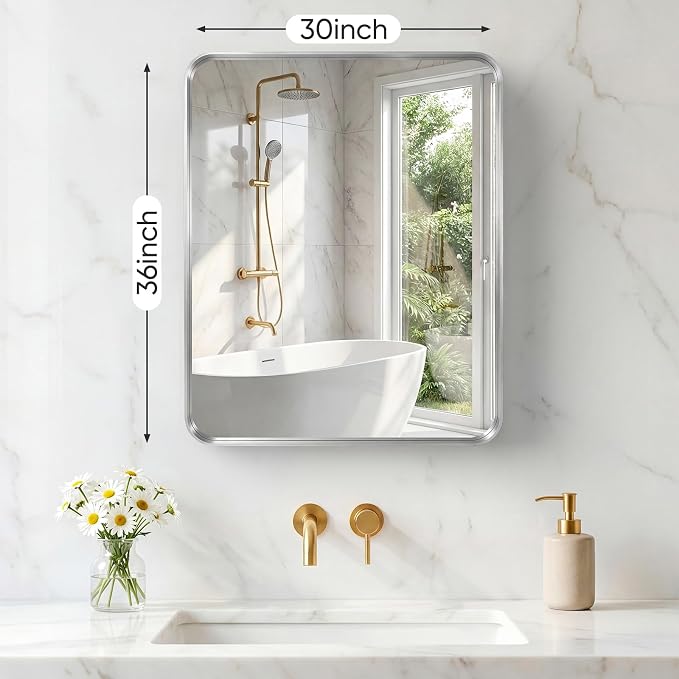 NEWBULIG 30X36 Inch Bathroom Mirror for Over Sink, Wall Vanity Mirrors Tempered Glass, Anti-Rust Metal Framed Rounded Rectangle, Hangs Horizontally or Vertically, Farmhouse Home Decor, Silvery