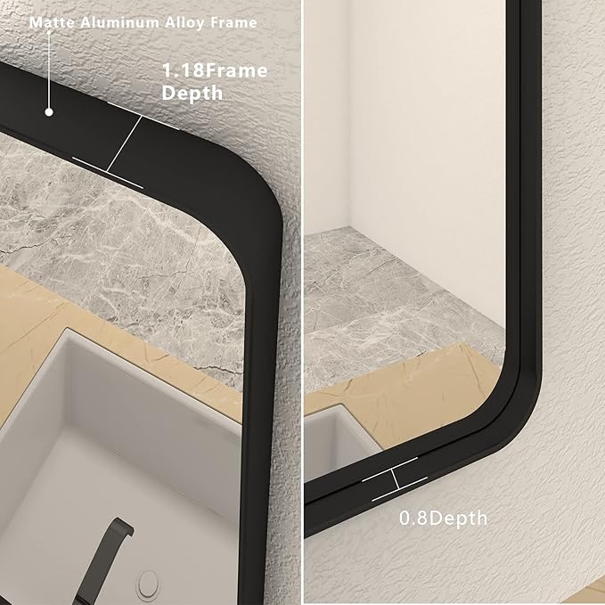 50x40 Inch Black Metal Framed Bathrrom Mirror for Wall, Black Matte Rounded Rectangle Bathroom Vanity Mirror, Anti-Rust, Tempered Glass, Hangs Horizontally or Vertically