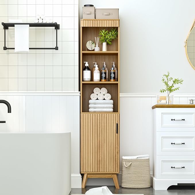 68" Tall Bathroom Storage Cabinet,Narrow Fluted Tower Cabinet with Door and Shelves,Slim Space Saving Storage Unit for Bathroom Kitchen Living Room (Natural, 11.8" D x 15.75" W x 68" H)