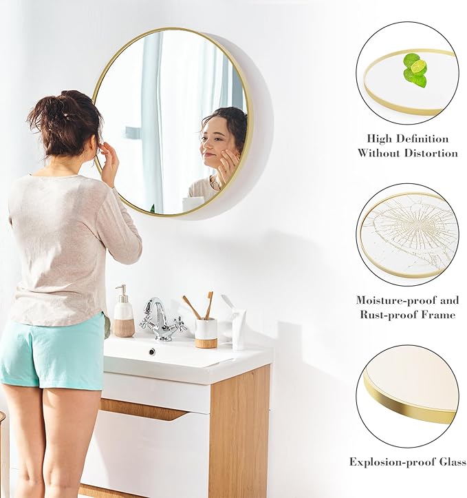 Sweetcrispy 28 Inch Round Wall Mirror with Tempered Glass, Bathroom Mirror Over Sink, Anti-Fog & Waterproof Round Mirrors for Bathroom, Entryway, Bedroom, Shatterproof Design, Gold