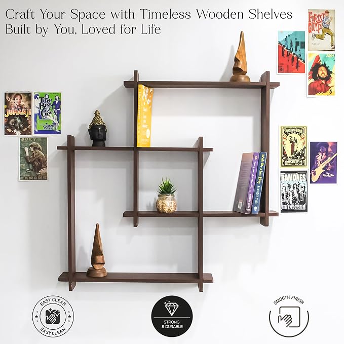 HOMORA Modern Wall Mounted Zigzag Shelf Rack – Decorative Wooden Floating Display Unit for Living Room, Bedroom & Office Decor (Brown)