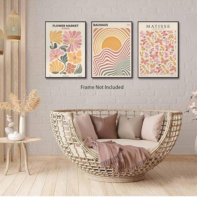 BingruiArt Boho Abstract Wall Art Yellow Canvas Flower Market Posters Set of 3 Bauhaus Pictures Matisse Print Floral Aesthetic Painting Decor for Dorm Living Room Bedroom 12"x16" Unframed