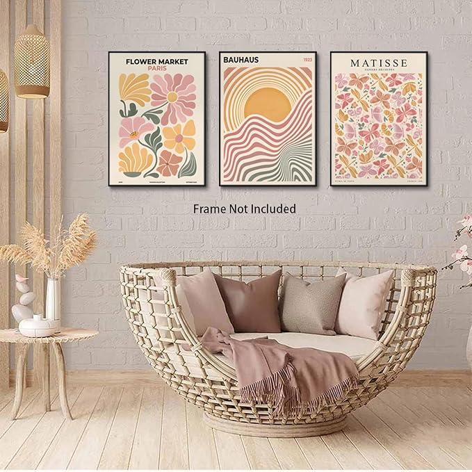 BingruiArt Boho Abstract Wall Art Yellow Canvas Flower Market Posters Set of 3 Bauhaus Pictures Matisse Print Floral Aesthetic Painting Decor for Dorm Living Room Bedroom 16"x24" Unframed