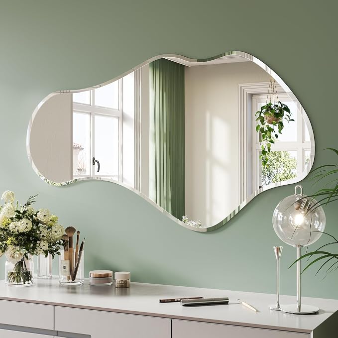 Irregular Wall Mirror, 24”x40” Asymmetrical Wall Mirror, Frameless Asymmetrical Mirrors for Bathroom Entry Way Bedroom Living Room