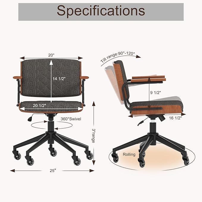 Ergonomic Office Chair with Rubber Wheels & Walnut Arms - Mid-Back Desk Chair, Adjustable Height, Bentwood Backrest | Swivel Rocking Design for Home Office, Meeting Room, Study
