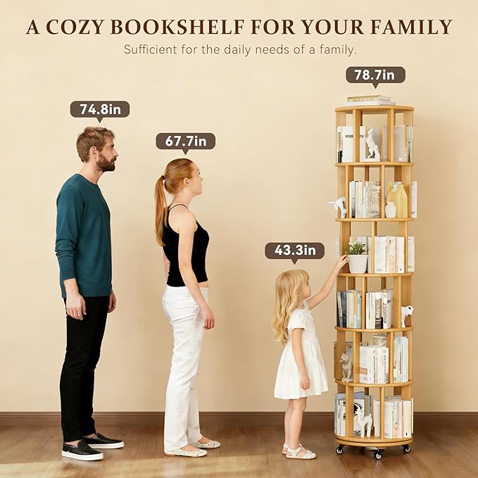 Rotating Bookshelf Tower with Wheels, 6 Tier Solid Wood Round Spinning Bookshelf Tower, 360° Revolving Bookcase Rolling for Kids Adult, Rotation Book Shelf for Bedroom, Living, Office, Corner, Natural