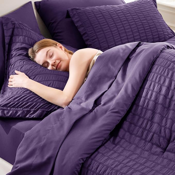 CozyLux King Size Comforter Set Purple, 7 Pieces Seersucker Textured Luxury Bed in a Bag, All Seasons Soft Bedding Sets with Down Alternative Comforter, Sheets, Pillowcases & Shams, Home Gift