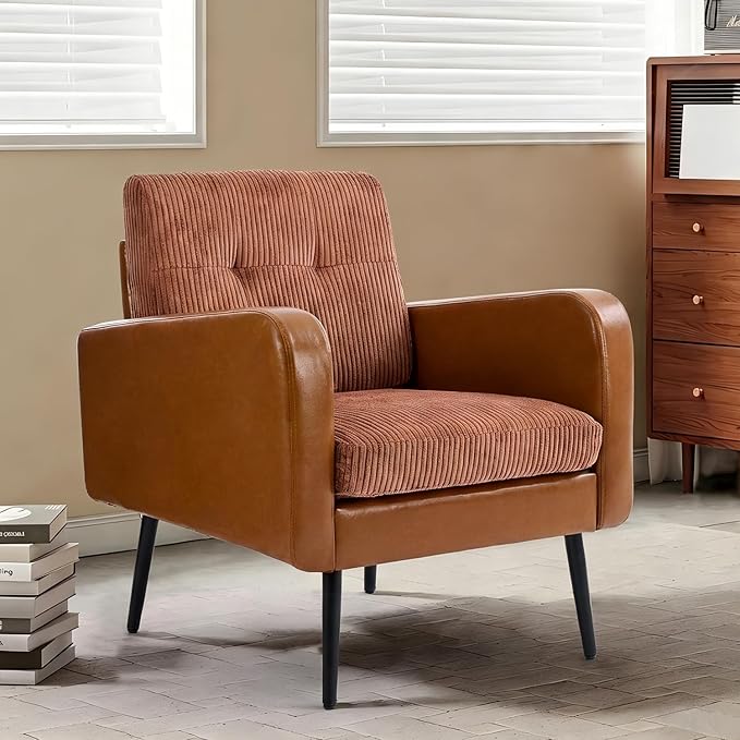 Comfy Accent Chair for Living Room Chairs Mid Century Modern Reading Chair Accent Chairs with Metal Legs,Upholstered Arm Chair for Bedroom Office Waiting Room (Brown & Ochre,1)