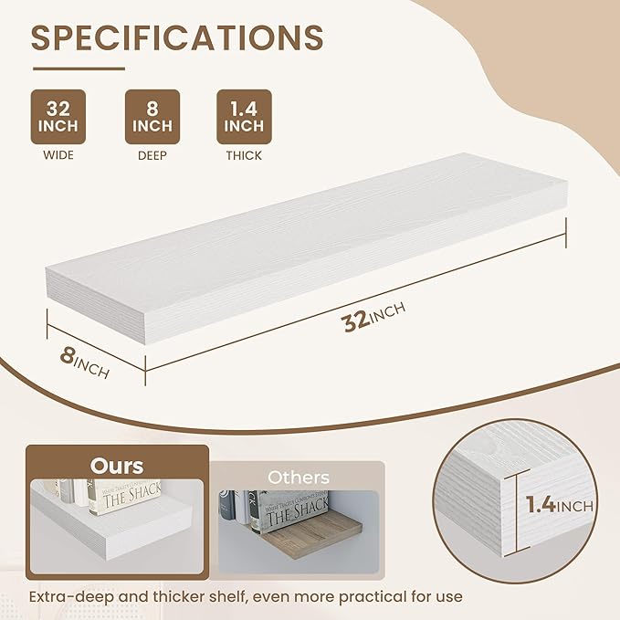 Dreamland 8" Deep Long Floating Shelves, 32 Inches Floating Shelves for Wall Set of 2, Large Display & Storage Shelf, Wall Shelf for Bathroom Bedroom Living Room Kitchen Office, White