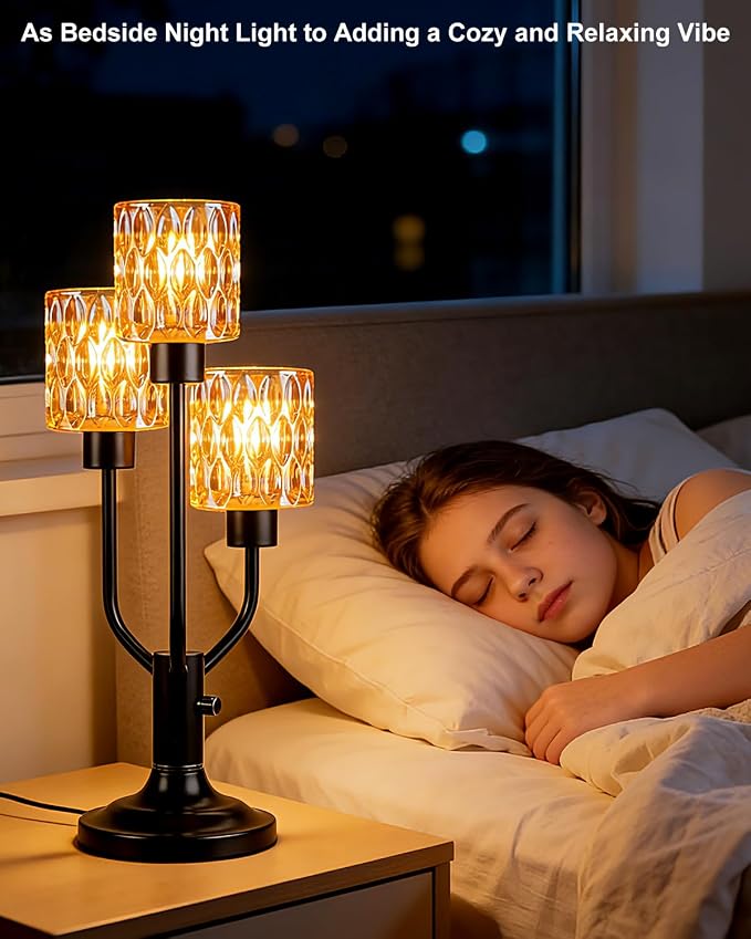 Lightdot Mid Century Modern Table Lamp for Bedroom Dimmable Nightstand Lamp Vintage Black Desk Lamp Amber Glass 3 Bulbs Included Warmwhite Ambient Bedside Lamps for Living Room Home Office Decor Gift