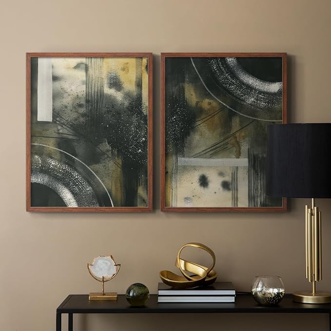 Renditions Gallery Set of 2 Peel & Stick Framed Prints, Moody Abstract Wall Art, Circular and Splattered Effects Wall Decor, Re-Stickable - Ready to Hang - 11"x14" - Walnut Frame LT588