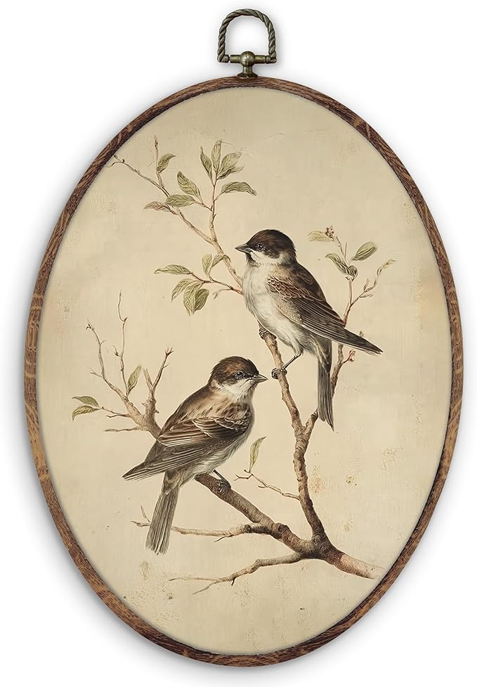 DILSJ Vintage Sparrow Bird Oval Wall Art Decor, Cottagecore Botanical Farmhouse Canvas Wall Art Framed, Rustic Bird Hanging Decorations for Home Bedroom Living Room Farmhouse, 8.5x11 Inch