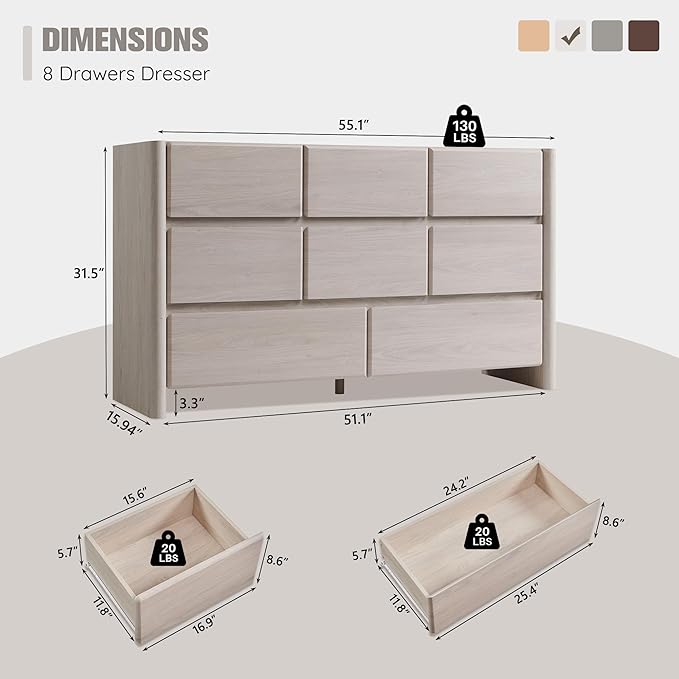 Modern 8 Drawers Dresser for Bedroom, 55" Wide Dresser w/Large Storage & Rounded Corner, Wood Handleless Chests of Drawers w/Natural Texture for Bedroom, Hallway, Living Room-Cream
