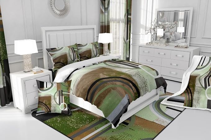 Erosebridal Mint Green Brown Gray Comforter Cover,Circles Duvet Cover for Kids Teens Adult,Gurnge Oil Painting Bedding,Geometric Quilt Cover,Abstract Striped Lines Bed Cover with 2 Pillow Cases,Full