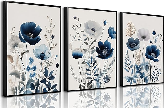 BingruiArt Navy Blue Wall Art Canvas Abstract Floral Painting Blue and Gray Posters Watercolor Flower Decor Wildflower Pictures Botanical Prints for Living Room Bedroom Bathroom 3 Pcs 16"x24" Black Framed