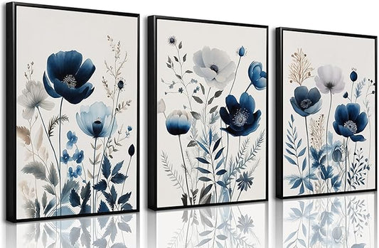 BingruiArt Navy Blue Wall Art Canvas Abstract Floral Painting Blue and Gray Posters Watercolor Flower Decor Wildflower Pictures Botanical Prints for Living Room Bedroom Bathroom 3 Pcs 16"x24" Black Framed