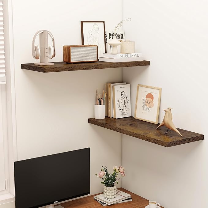Dreamland 36" Floating Shelves for Wall, 12" Deep Slim Rustic Brown Floating Shelves, Wall-Mounted Shelves for Bedroom, Living Room, Kitchen, Bathroom - Set of 2