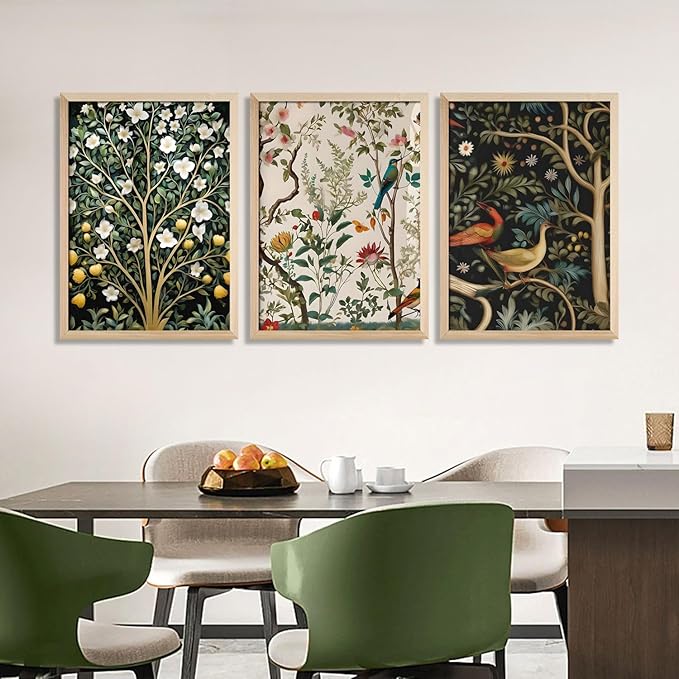 3Pcs Framed Vintage Plant And Bird Wall Art Prints Inspired By Nature Canvas Prints With Wooden Elegant Floral Posters And Wildlife Image Artwork Decor Living Rooms Bedrooms Offices 12x16 Inch