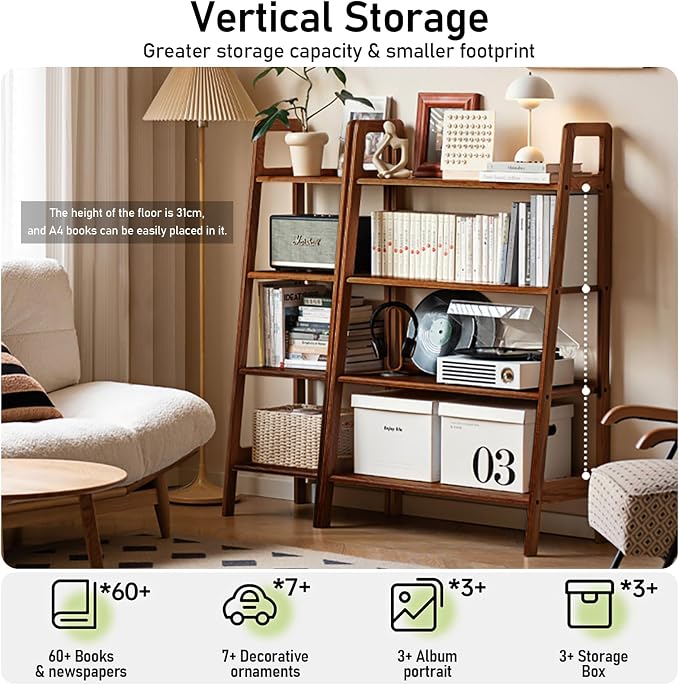100% Solid Oak 4 Tier Ladder Shelf for Saving Space, Small Bookshelf with Stable Frame, Free Standing Ladder Shelves for Living Room Bedroom Couch(Walnut,17.32" D x 16.53" W x 53.54" H)