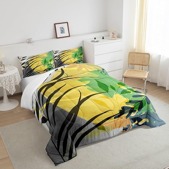Minimalism Modern Bedding Set Twin Grey Black Yellow Comforter Set, Mid Century Abstract Duvet Insert Geometric Quilt Comforter, Aesthetic Bedding Comforters & Sets Breathable Artists Gifts