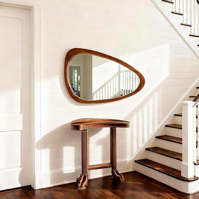 30"x20" Asymmetrical Wall Mirror with Solid Wood Frame – Full-Length Irregular Design, Anti-Burst Tempered Glass, Boho Chic & Mid Century Modern Style for Bedroom, Living Room, Entryway