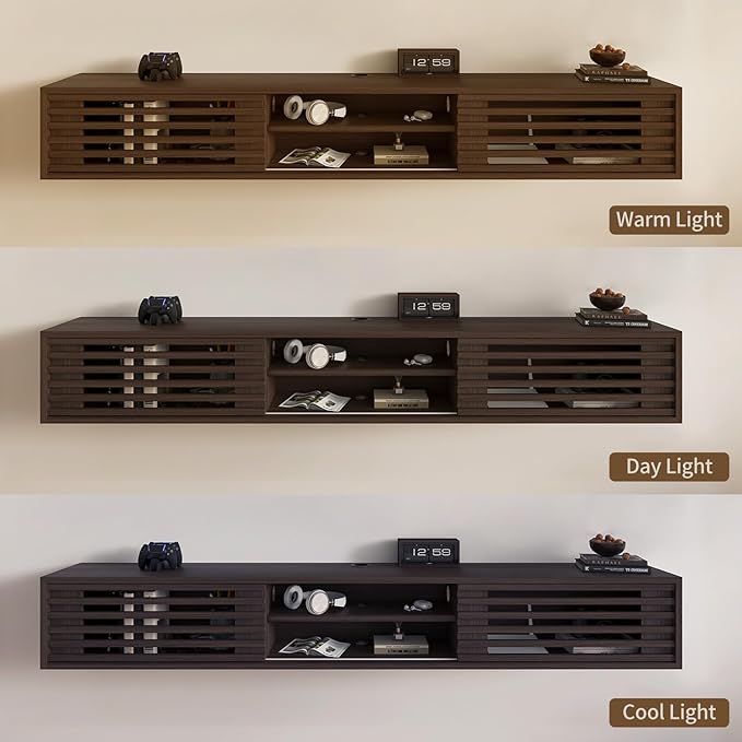 94" Floating TV Stand with Slatted Sliding Doors, Mid-Century Modern Wall Mounted Entertainment Center, Walnut Media Floating tv Console for 85 TV, Space-Saving Cable Management