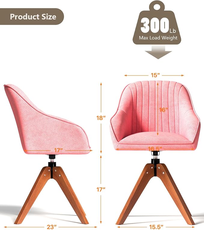OS MOTOR Modern Swivel Accent Chair with Arms, Upholstered Desk Chair No Wheels, Mid-Century Fabric Armchair with Oak Wood Legs for Home Office, Bedroom, Vanity, Pink