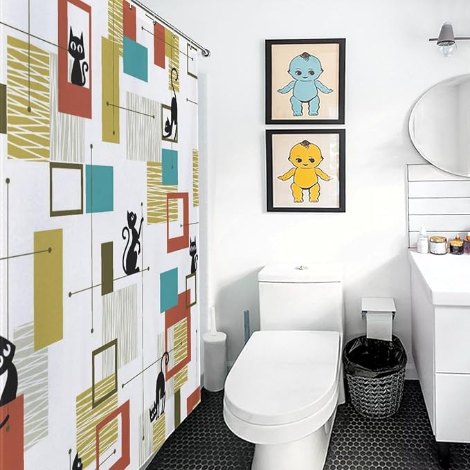 Mid Century Shower Curtain for Bathroom, Modern Black Cat Abstract Atomic Geometric Pattern Lovely Kittey Retro 1950s 1960s Waterproof Fabric Shower Curtain Set with Hooks,72"x78" Inch