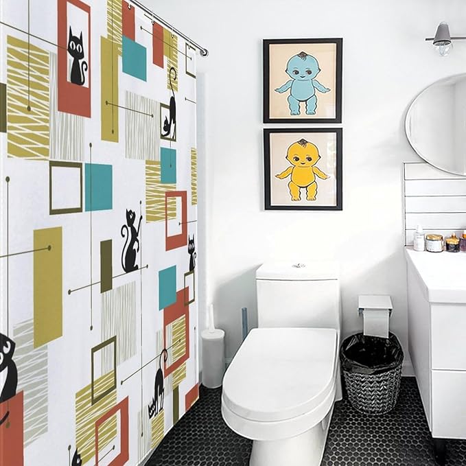 Mid Century Shower Curtain for Bathroom, Modern Black Cat Abstract Atomic Geometric Pattern Lovely Kittey Retro 1950s 1960s Waterproof Fabric Shower Curtain Set with Hooks,72"x72" Inch