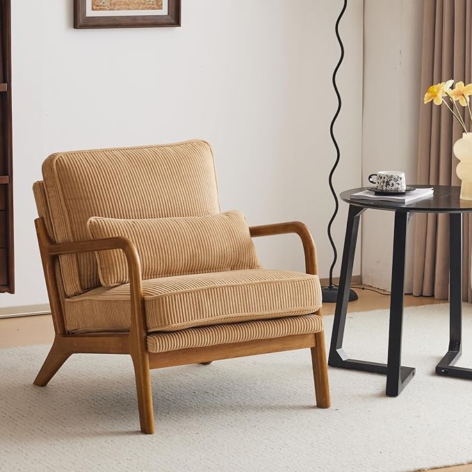 Karl home Mid-Century Modern Accent Chair, Living Room Chairs with Pillow Upholstered Lounge Armchair with Solid Wood Frame & Soft Cushion for Bedroom, Reading Room, Corduroy Khaki (Low Back)