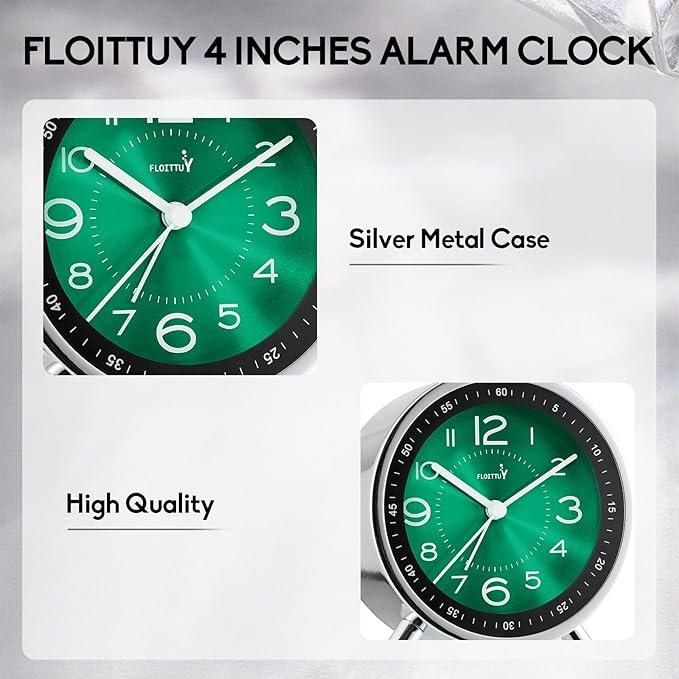 FLOITTUY Super Silent Metal Alarm Clock,Beep Wake Round Alarm Clock with Strip Night Light,Battery Operated,Easy Set,Simple & Retro for Desk, Bedroom and Home Decoration(Emerald Green)