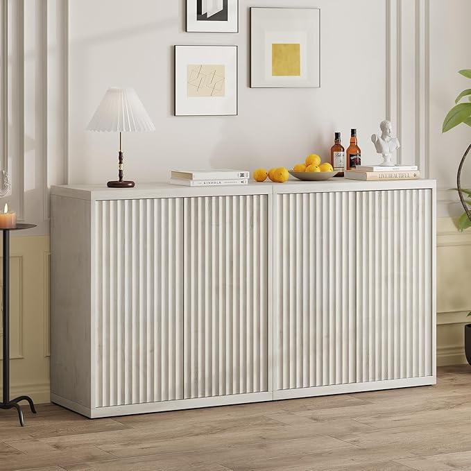 31” Sideboard Cabinet with Storage, Fluted Accent Cabinet with Adjustable Shelves, Modern Wood Credenza Cabinets with Pop-up Doors for Entryway Kitchen Living Room Hallway, White Oak 2pcs
