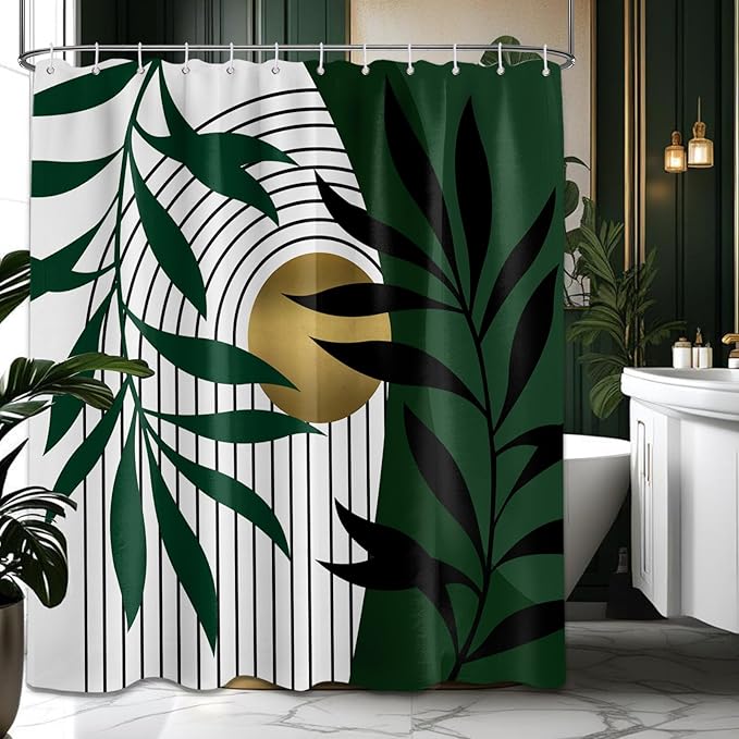 Olive Green and Gold Shower Curtain, Boho Modern Mid Century Shower Curtains for Bathroom Decor, Waterproof Fabric with Hooks, 70" W x 72" L