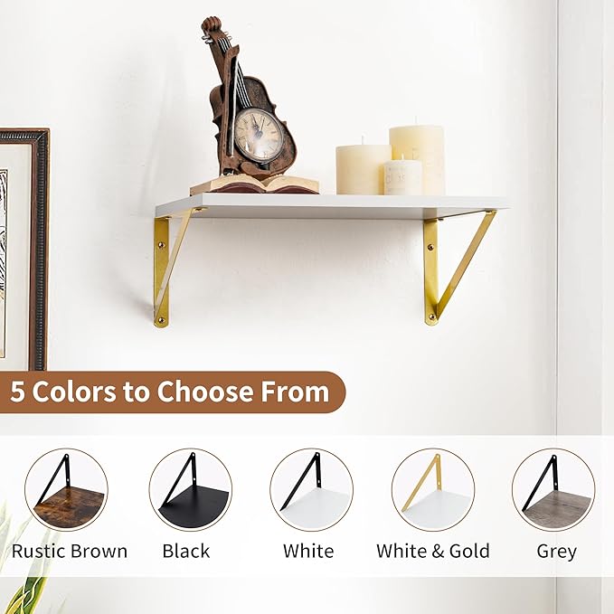Axeman Deep Floating Shelves for Wall, 12 Inch Deep White and Gold Shelves Set of 2, 16W x 12D White Wood Wall Shelves with Golden Brackets for Bedroom Bathroom Living Room Kitchen - White & Gold