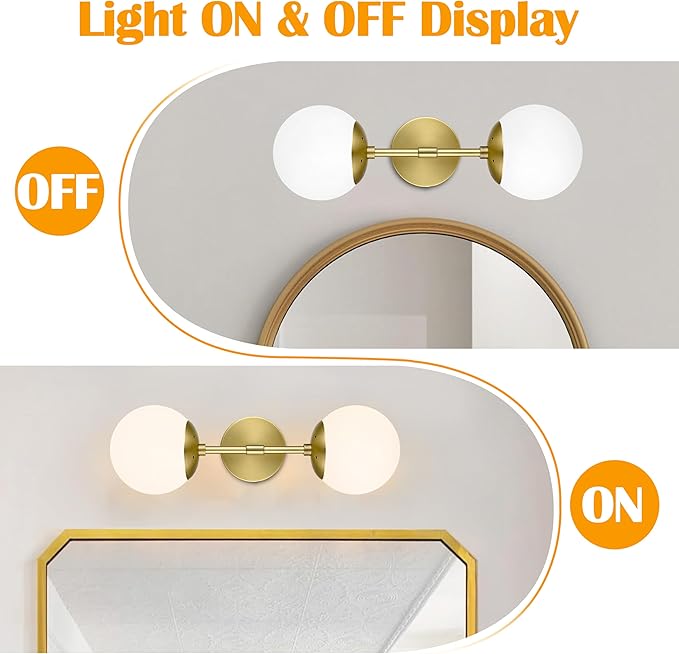 KoKo&Yukina 2 Pack Gold Vanity Light Fixtures Mid Century Modern Bathroom Vanity Light with Milky White Glass Globe Sconce Lights Fixture Vanity Lights for Bathroom (Bulb Include)