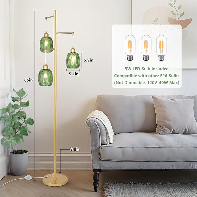 Gold Floor Lamps for Living Room, Boho Green Glass Flower Floor Lamp with 3 Led Bulb, Mid Century Modern 3 Light Brass Tall Lamps Farmhouse Standing Lamp Tree Floor Lamps for Bedroom,Office,Corner