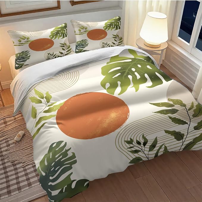 Green Leaf Bedding Set,Mid Century Tropical Plant Palm Leaves Abstract Minimalist Geometic Boho Modern Comforter Set with Pillowcase for Bedroom Bed Decor，Twin 86"x70"