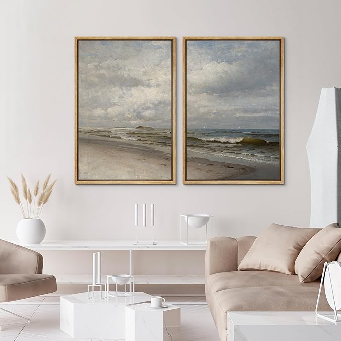 IDEA4WALL Framed Canvas Print Wall Art Set Coastal Beach Scene Classic Ocean View Illustrations Modern Art Decorative Coastal Cottage Seascape for Bedroom - 24"x36"x2 NATURAL