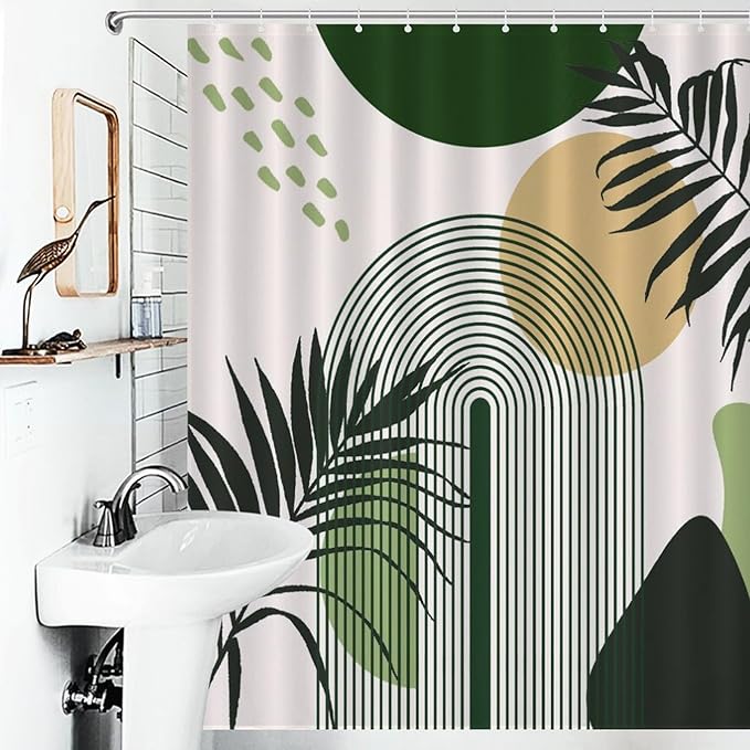 Boho Mid Century Sun Shower Curtain Printed Modern Rainbow Leaves Green Design Washable Waterproof Fabric for Bathroom Decor Bathtub with 12 Hooks 55x72in（140x183cm）